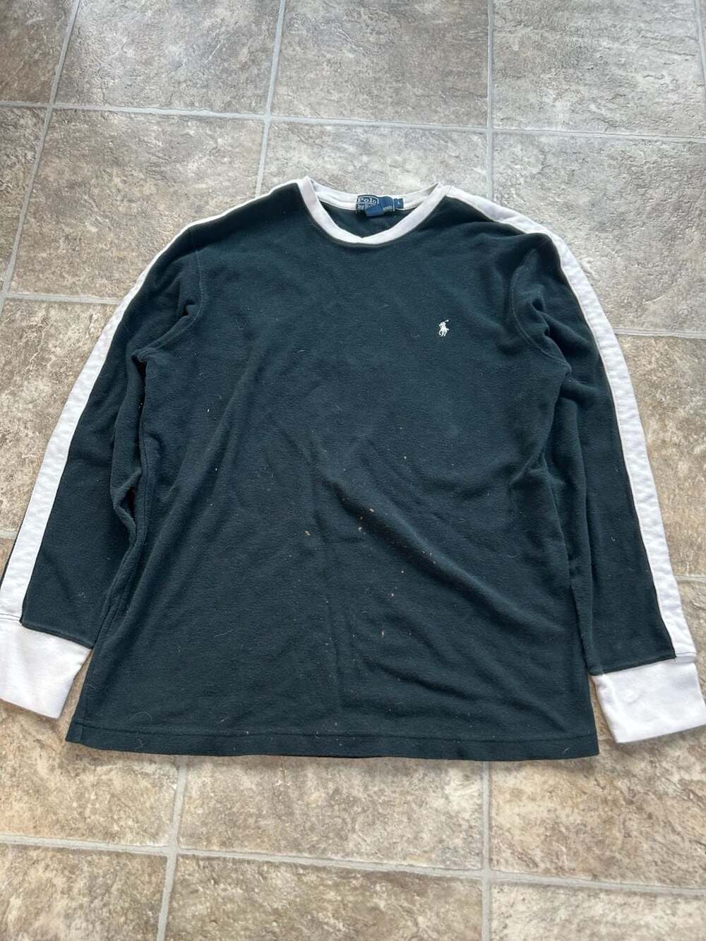 Vintage Polo Ralph Lauren Black Waffle Thermal Long Sleeve White Stripes Size L